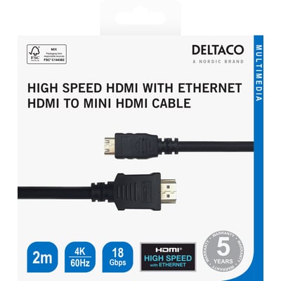 Deltaco HDMI-kabel, mini HDMI til HDMI, 2 meter, sort, vist på emballage med begge stik og produktnavn.