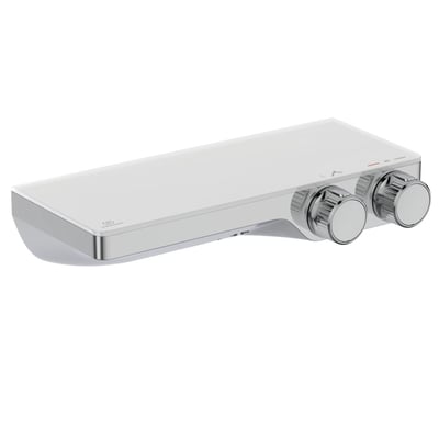 Ideal Standard Ceratherm S200 brusetermostat i krom og hvid med to betjeningsgreb og integreret glashylde.