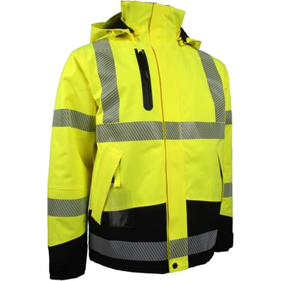 Lyngsøe Rainwear full stretch vinterjakke i hi-vis gul og sort, størrelse 2XL, set forfra med hætte og refleksstriber.