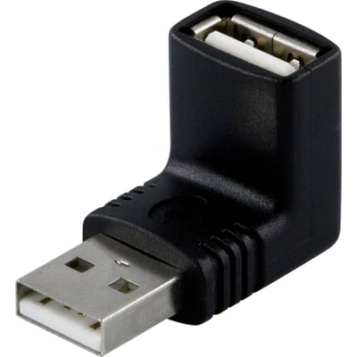 Deltaco USB A han til A hun vinklet adapter i sort plast med tydelige porte og et l godt design.