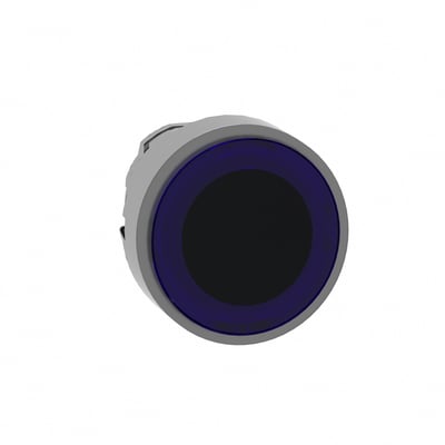 Schneider Electric ZB4 LED-ring lampetrykhoved med blå farve og kromfrontring, diameter 22 mm.