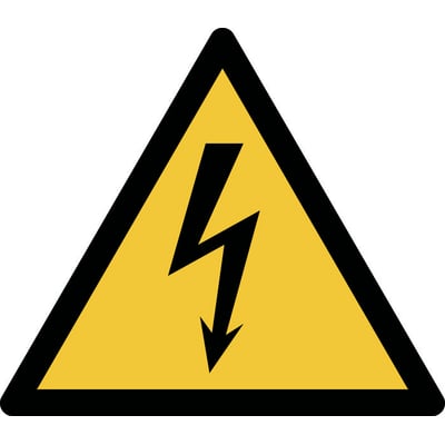 Advarselsskilt med symbol for elektrisk spænding, et sort lyn på gul baggrund inden for sort ramme, 25 mm.