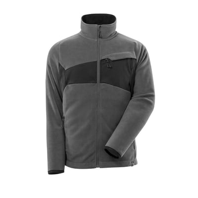 Mascot fleecejakke i antracit og sort med lynlås, sidelommer og elastik ved håndleddet, vist på hvid baggrund.