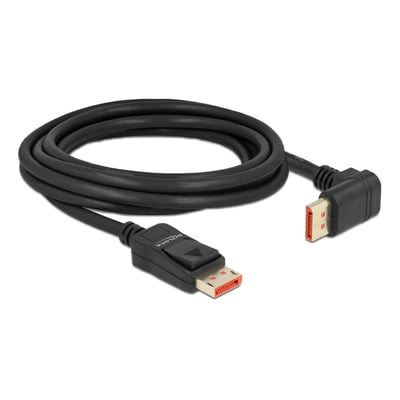 DeLock DisplayPort kabel med 90° vinkel opad ved den ene ende, 3 meter langt og sort.