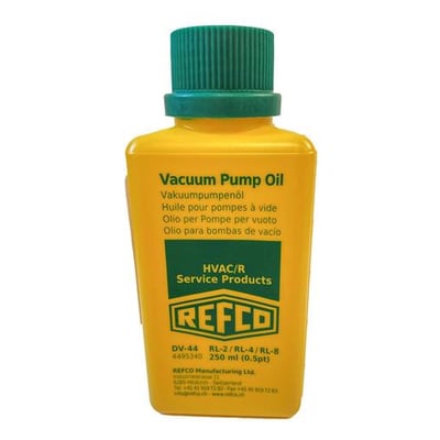 REFCO vakuumpumpeolie DV-44 i gul flaske med grønt låg, 0,25 liter, til vakuumpumper.