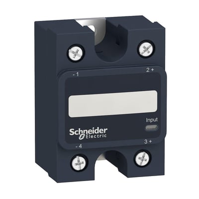 Schneider Electric Zelio SSP solid state relæ med 90A, 660VAC og 230VAC styring, vist med skrueterminaler og input indikator.