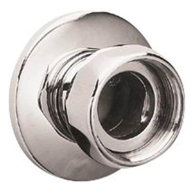Nærbillede af Grohe tilgangsforskruning i blank krom, viser detaljer af gevind og samlinger.