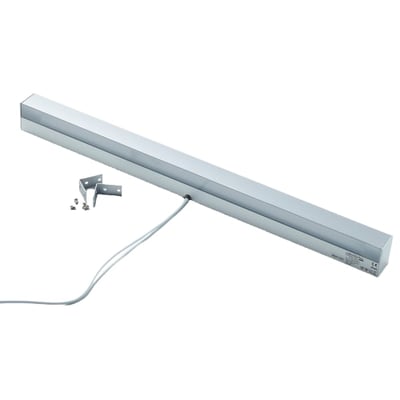 Loevschall LED Square lysarmatur, 80 cm, med tilbehør som monteringsbeslag og skruer på en lys baggrund.