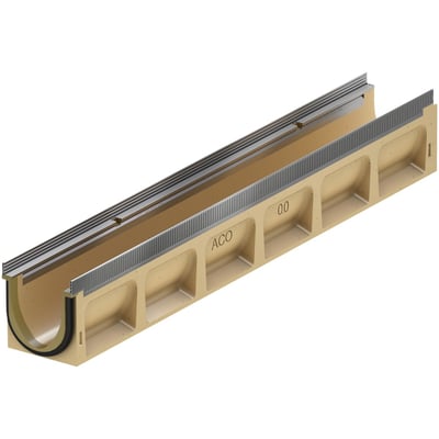 ACO V100S SEAL IN rende på 1000 mm med galvaniseret karm, viser den indvendige kumme og et tætlook af den ribbede kant.