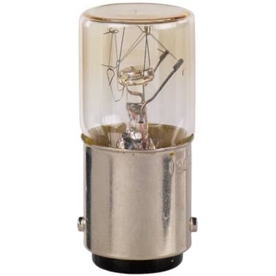 Schneider Electric glødelampe med BA9S sokkel og klar signalfarve, 130V. Viser filament og metalfod.