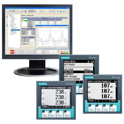 Siemens SENTRON powermanager software vist på computerskærm med datavisualisering og tre Siemens PAC3200 måleinstrumenter.