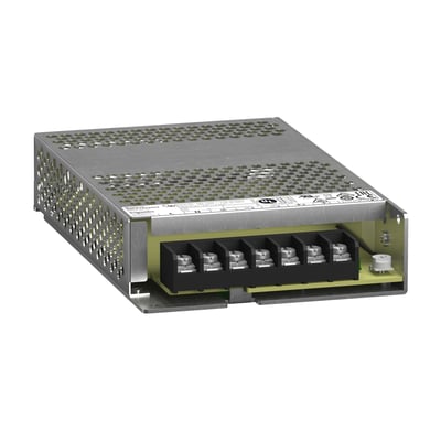 Schneider Electric Modicon ABLP strømforsyning i grå metal med perforeret kølekappe og terminalblok til 24V, 6,2A. Fremvises på hvid baggrund.