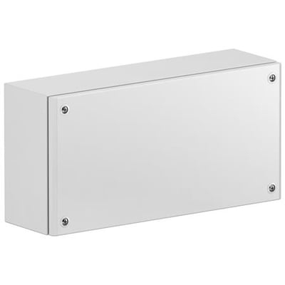 Schneider Electric klemkasse i grå lakeret stål, 150x150x120 mm med IP66 og IK10 godkendelser.