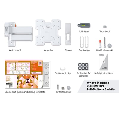 Oversigt over indholdet i Vogel's TVM 3245 Comfort vægbeslag pakken, med alle dele navngivet.