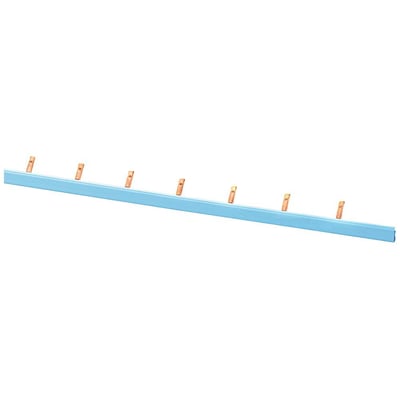 Siemens PIN skinne 5ST3765-1, 10 mm2, 54 MW, blå isoleret skinne med otte kobberstiftdetaljer mod hvid baggrund.