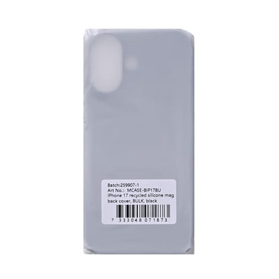 Emballage med et sort silikonecover til iPhone 17, MagSafe-kompatibelt; etiketten vender udad.