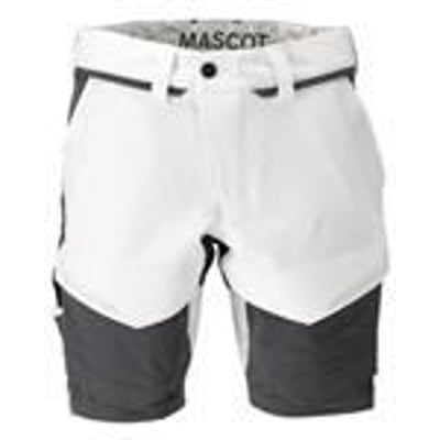Mascot Customized shorts i hvid og stengrå med 24cm længde, forfra, med synlige lommer og branding på linningen.