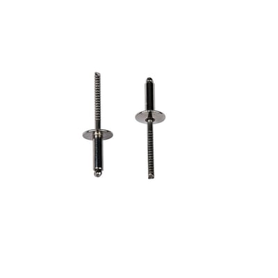 To Masterfix nitter 4,8x10 mm i rustfrit A2 stål med stort hoved ses fra siden på hvid baggrund.