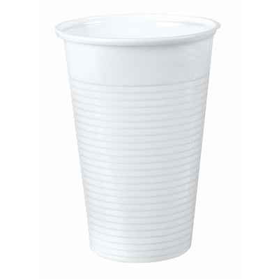 Ét hvidt drikkebæger på 20 cl med en diameter på 70,2 mm og højde på 98 mm, med rillede sider.