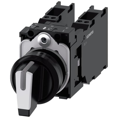 Siemens 22mm rund vælgerkontakt med sort og hvid front, viser 3 kontaktpositioner og 'SIEMENS' logo på bagsiden.