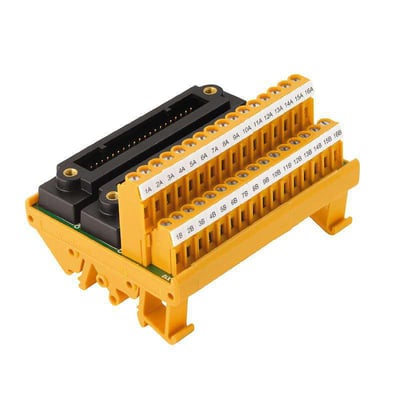 Weidmüller LM2NZF 40-polet interfacemodul med gule spændeklemmer og to sorte KS-stik, set skråt forfra.
