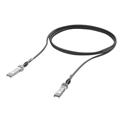 Ubiquiti 10 Gbps Direct Attach Cable på 3 meter med SFP+ stik i begge ender og sort kabel, vist på hvid baggrund.