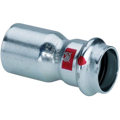 Viega Prestabo reduktion i forzinket stål, 22 x 15 mm, med tydelig rød markering og SC-Contur.