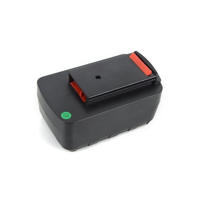 Akkufix Li-Ion batteri på 36 V/1,5 Ah til flamingoskærer Akkufix 250. Batteriet er sort med et orange og et sort håndtag.