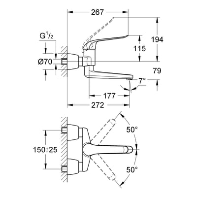 Teknisk tegning af Grohe Euroeco Special etgrebsarmatur med dimensioner for vægmontering og svingtudens bevægelse.