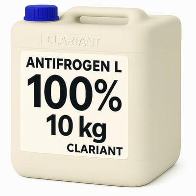 Lys beholder med blå skruelåg med Antifrogen L glykol fra Clariant, 100 % koncentreret og mærket 10 kg.