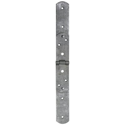 PN Beslag lemmehængsel 230x50 mm i varmforzinket stål med synlig messingtap og flere skruehuller.