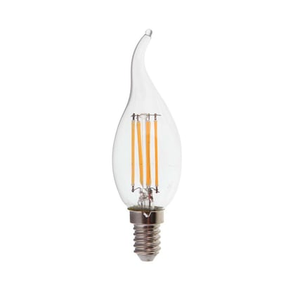 V-TAC LED kertepære med E14 fatning, 4W effekt og flammeformet glas med synlige filamenter på hvid baggrund.