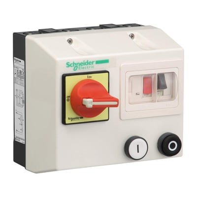Schneider Electric TeSys kapslet starter med 4kW effekt, 400VAC og IP65-klassificering, har rød drejekontakt og start/stop-knapper.