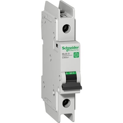Schneider Electric C60BP automatsikring med én pol og 20 A, set skråt forfra med grøn Schneider Electric-logo.