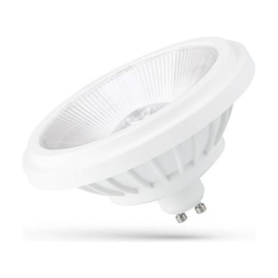 Hvid SpectrumLED GU10 AR111 LED-spot på 14 W med 40° spredning, set skråt forfra med GU10-stifterne synlige.