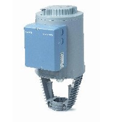 Siemens SKC32.61 elektrohydraulisk ventilaktuator med 2800 N og 40 mm vandring, 230V, grå og lyseblå.