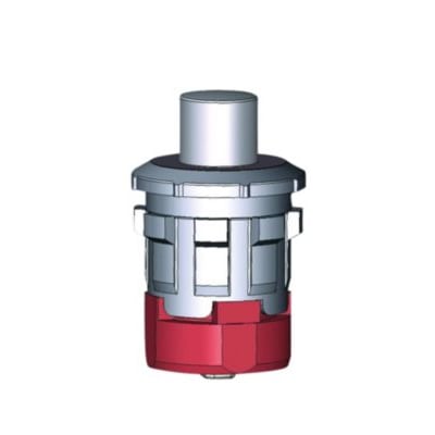 Bernstein SM-EINR trykknap i sølvfarvet metal og rød plast, der viser den samlede mekanisme med en cylinderformet knap på toppen.