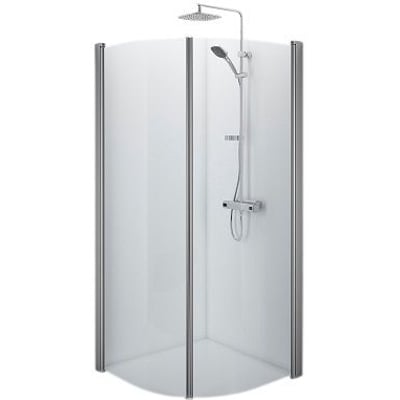 Komplet Contura Shower Space buet brusekabine i hjørneinstallation med brusehoved og armatur, fremviser den matte profil og klare glas.