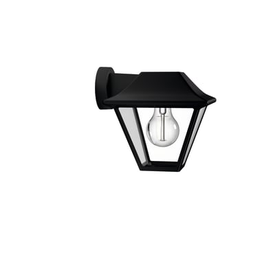 Alpenglow Down væglampe fra Philips Lighting i sort aluminium med klar glasrude og synlig E27-fatning, vist på hvid baggrund.