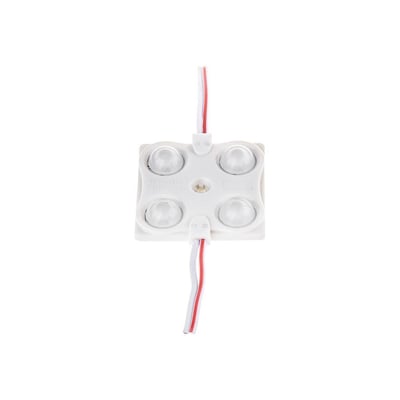 Vandtæt LED modul fra V-TAC med 4 lysdioder og hvidt hus, forbundet med 12V DC kabler.