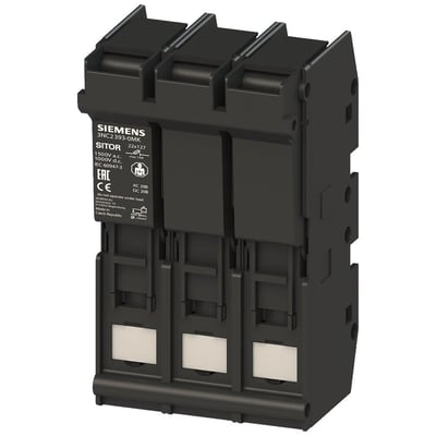 Siemens SITOR sikringsholder i sort plast, 3-polet, 22x127mm, 63A, 1500V, med tydelig mærkning af specifikationer og godkendelser.