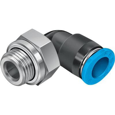 Festo vinkel-forskruning QSML-G1/8-4-100 med 360° justerbar vinkel, viser metallisk gevind og sort-blå samling.
