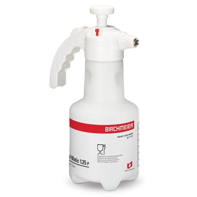 Birchmeier Food-Matic tryksprøjte med 1,25 liters kapacitet og 3 bars tryk, fremstillet i hvid plast.