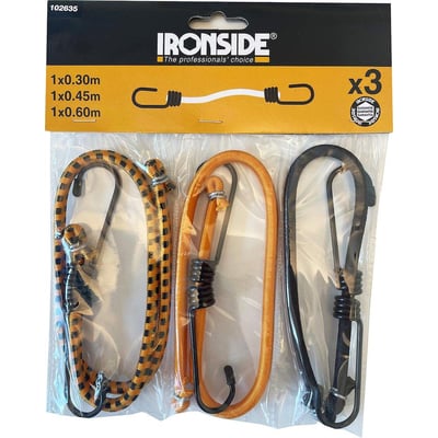 Ironside elastiske bagagestropper med kroge i længderne 300, 450 og 600 mm vises samlet i emballagen.