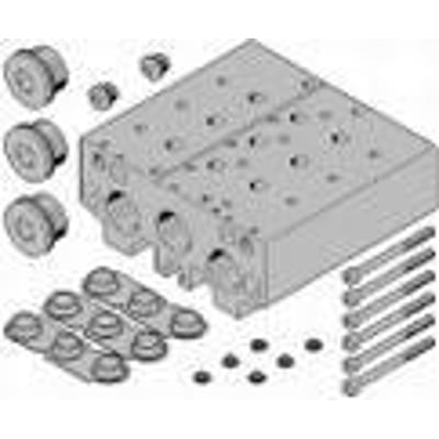 Festo VABM-B10-30E-G34-2-P3 tilslutningsblok med tilbehør såsom pakninger, skruer og montagedele i teknisk illustration.