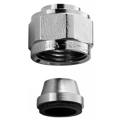 Frese kompressionskobling i krom, 1/2" x 15 mm, med omløber og muffe vist i to adskilte dele.