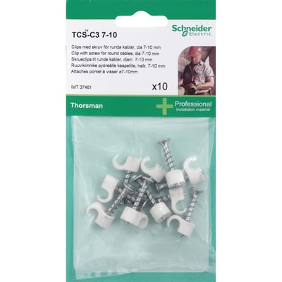 Pakke med 10 stk. Schneider Electric Thorsman TCS-C3 skrueclips i hvid til runde kabler med en diameter på 7-10 mm.