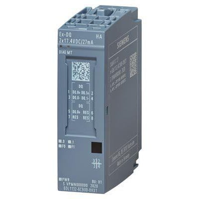 Siemens SIMATIC ET 200SP HA digital ex-i output module, Ex-DQ 2x17,4VDC/27mA, med klar mærkning og QR-kode.