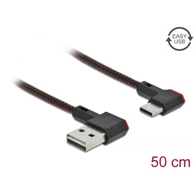 DeLock EASY-USB 2.0 kabel på 0,5 meter med vinklet USB-A og USB-C stik i sort flettet design.