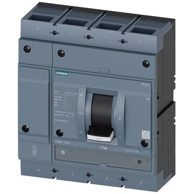 Siemens 4-polet maksimalafbryder 3VA1 i grå plast med tydeligt synligt håndtag og mærkning for 1000A.
